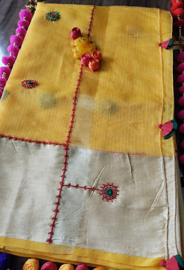 Ghabakala_SKUKOTAB12_Yellow-Hand-Embroidered-Kota-Doria-Sari-With-Broad-Zari-Border