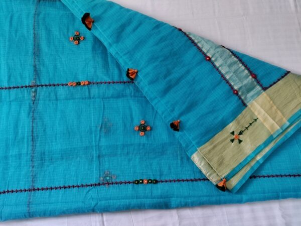Ghabakala_SKUKOTAB13_Blue-Hand-Embroidered-Kota-Doria-Sari-With-Broad-Zari-Border