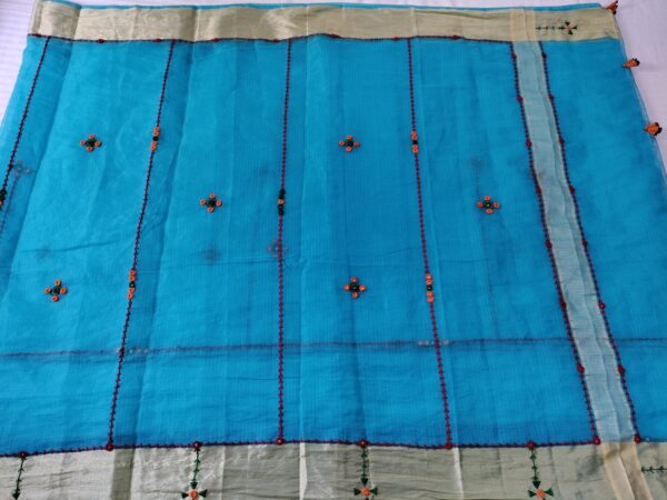 Ghabakala_SKUKOTAB13_Blue-Hand-Embroidered-Kota-Doria-Sari-With-Broad-Zari-Border