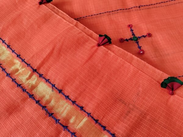 Ghabakala_SKUKOTAN10_Orange-Hand-Embroidered-Kota-Doria-Sari-With-Zari-Border
