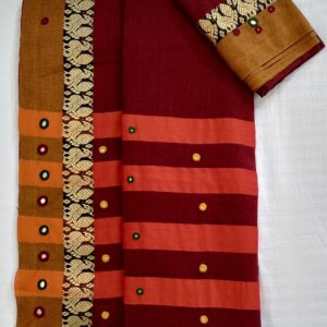 Ghabakala_SKUNARAYANPET02_Maroon-Hand-Embroidered-Mirror-Work-Cotton-Narayanpet-Saree-With-Border