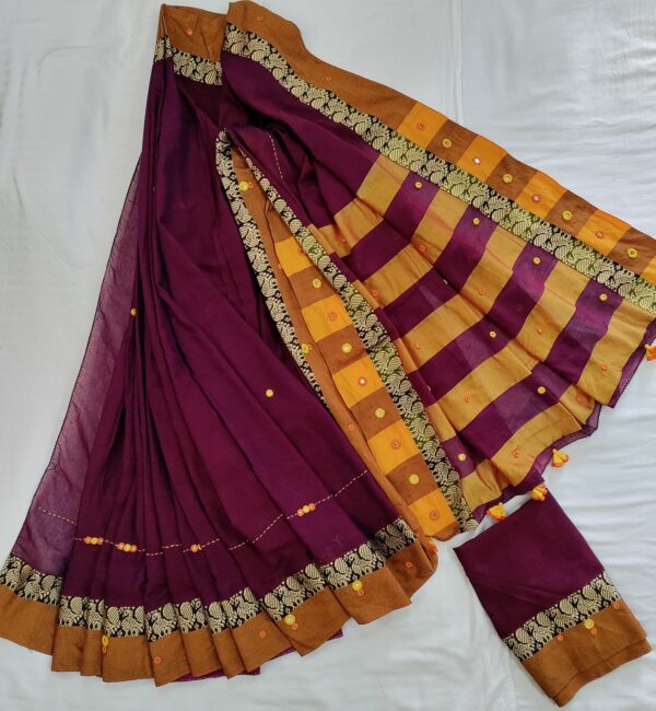 Ghabakala_SKUNARAYANPET03_Magenta-Hand-Embroidered-Mirror-Work-Cotton-Narayanpet-Saree-With-Border