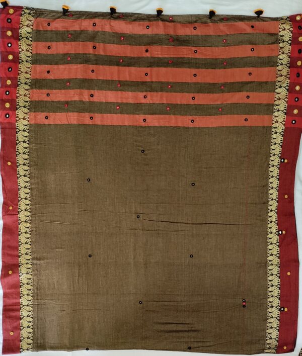 Ghabakala_SKUNARAYANPET04_Brown-Hand-Embroidered-Mirror-Work-Cotton-Narayanpet-Saree-With-Border