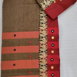 Ghabakala_SKUNARAYANPET04_Brown-Hand-Embroidered-Mirror-Work-Cotton-Narayanpet-Saree-With-Border