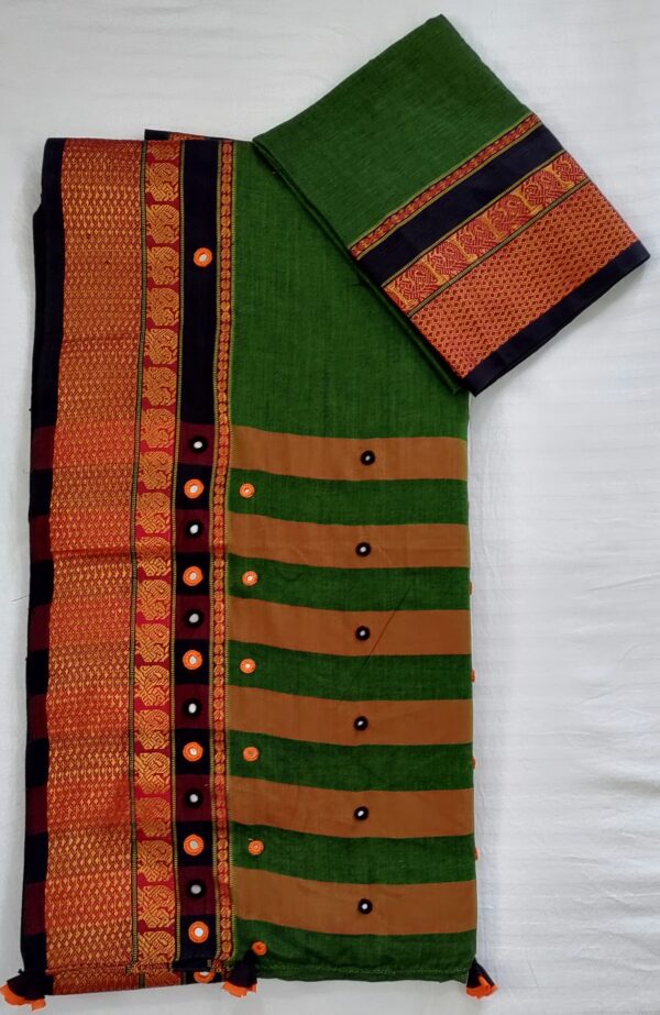 Ghabakala_SKUNARAYANPET05_Green-Hand-Embroidered-Mirror-Work-Cotton-Narayanpet-Saree-With-Border