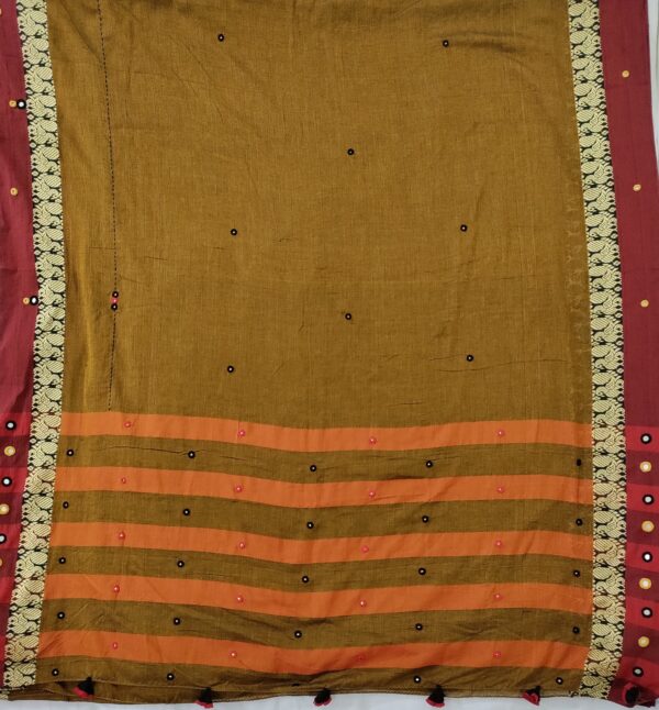Ghabakala_SKUNARAYANPET06_Mustard-Hand-Embroidered-Mirror-Work-Cotton-Narayanpet-Saree-With-Border