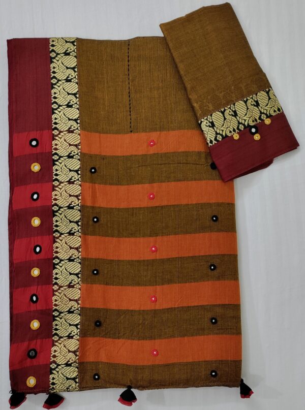 Ghabakala_SKUNARAYANPET06_Mustard-Hand-Embroidered-Mirror-Work-Cotton-Narayanpet-Saree-With-Border